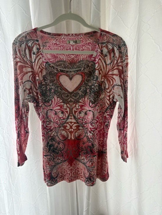 ONE WORLD Tops - ONE WORLD Pink and Black Heart Motif Long Sleeve Tee